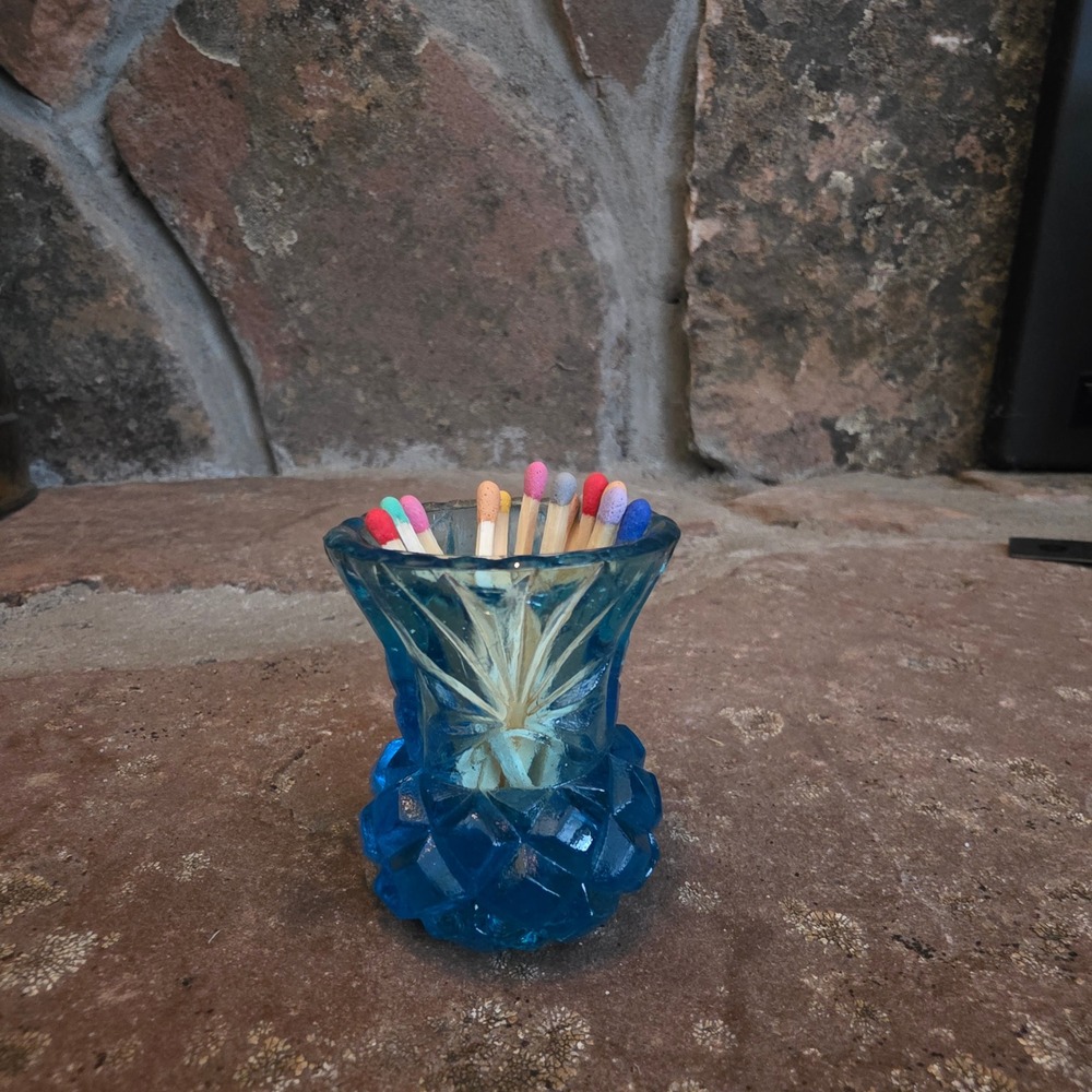Vintage Blue Pressed Glass Thistle Toothpick Holder Match Strike Turquoise 2.25"